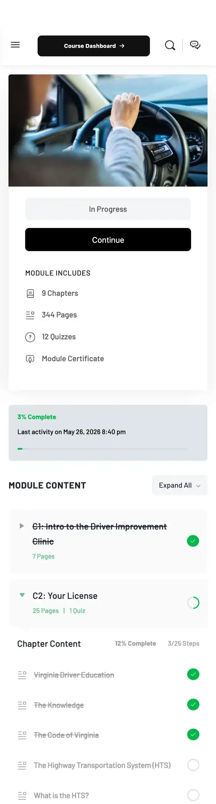 EZ Drive Online course dashboard